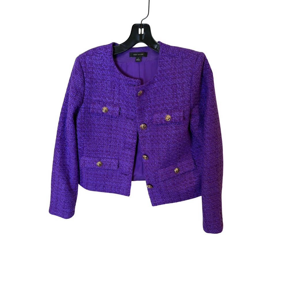 Ann Taylor Purple Tweed Cropped Jacket Gold Crest Button Front Petite 4P